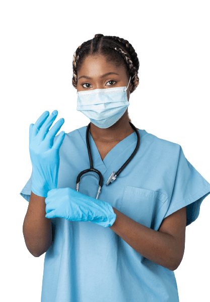 health worker wearing  sky blue gloves